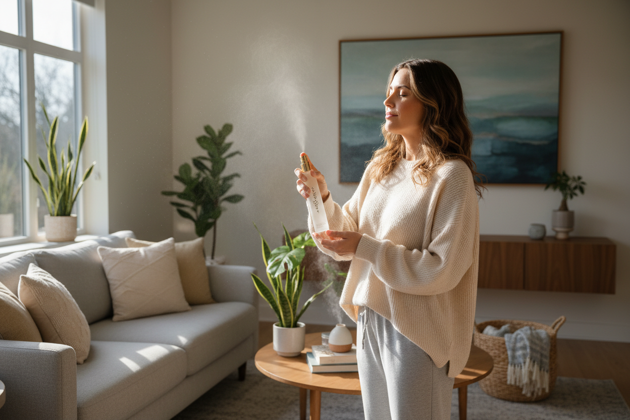 一位美女正在家里使用香氛喷雾