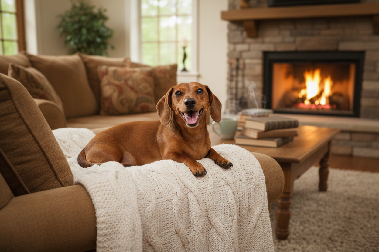 The dachshund is happy at home